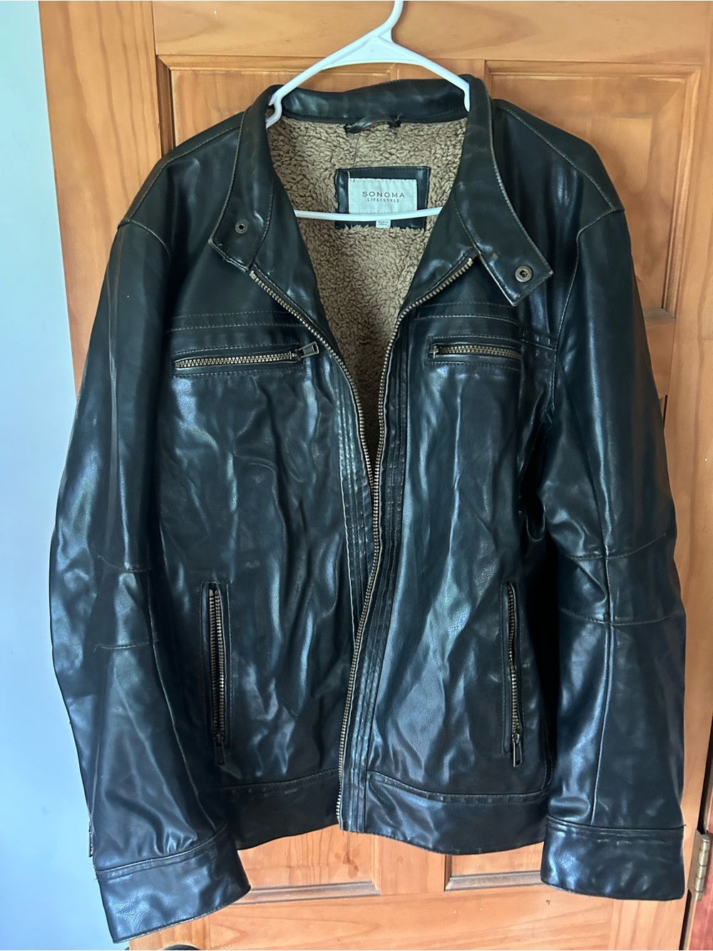 SONOMA Black Leather Bomber Jacket with Sherpa Lining
